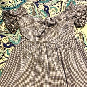 Blue and white dress with black flowers